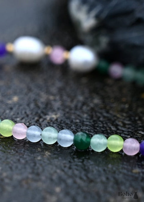 Boho Necklace, Seed Bead Choker, Crystal Pearl